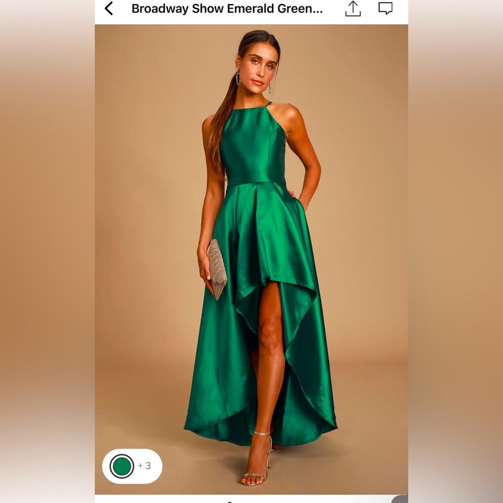 Lulu's emerald green high low special occasion dress, wedding guest formal gown